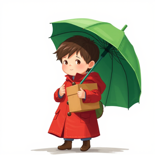 Create a vibrant illustration of a child in a red coat holding a box and a green umbrella, set against a light gray background, with a slight motion blur to suggest wind, using a Canon EOS R5, 50mm lens, f/1.8 aperture, ISO 100, at a 1/1000 second shutter speed.