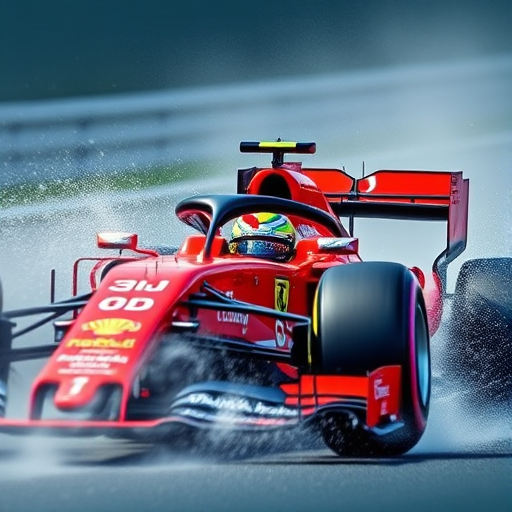 Create a high-resolution image of a Formula 1 car in motion, emphasizing vibrant colors and dynamic splashes, using a DSLR camera with a focal length of 50mm, aperture set to f/1.8, shutter speed of 1/1000s, and an ISO of 200 for clarity and detail.