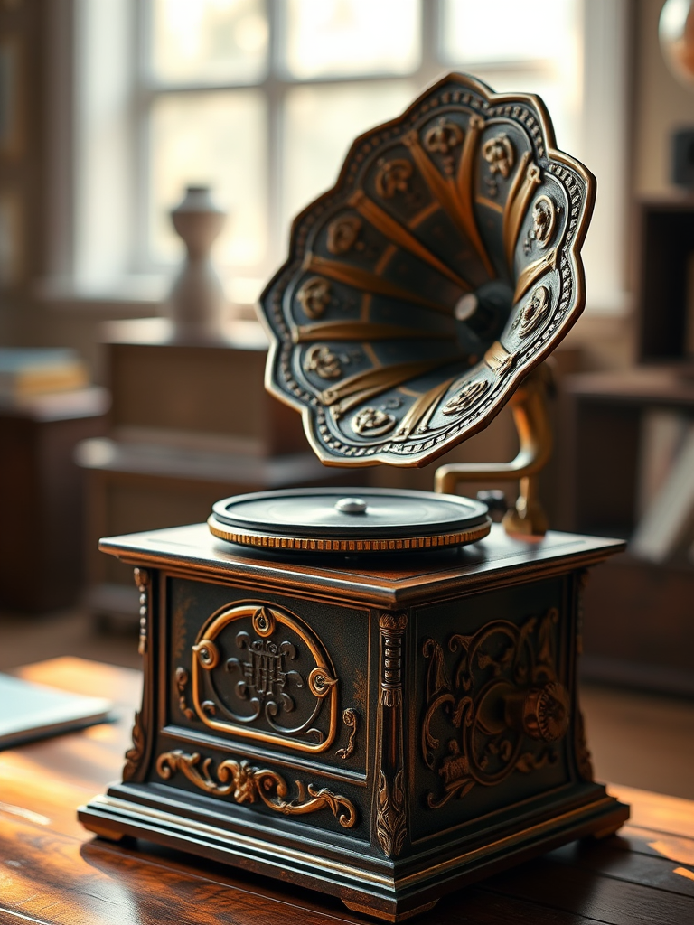 Create a highly detailed digital illustration of a vintage gramophone with intricate designs, shot in a well-lit studio setting with a DSLR camera, aperture set to f/2.8 for a shallow depth of field, ISO 100 for minimal noise, and a 50mm lens for sharp focus on the subject while softly blurring the background.