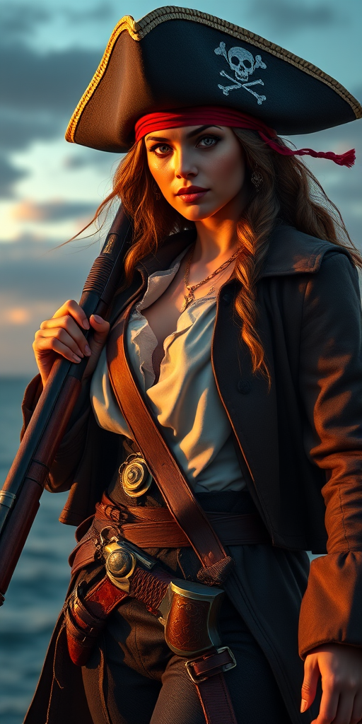 Create a highly detailed digital illustration of a confident female pirate with a long musket, wearing a tricorn hat, open coat, and a pistol holstered at her waist, in a dramatic pose with a blurred ocean background, using a Canon EOS R5 with an 85mm f/1.2 lens, at ISO 100, f/2.8, at sunset for warm lighting and enhanced contrast.