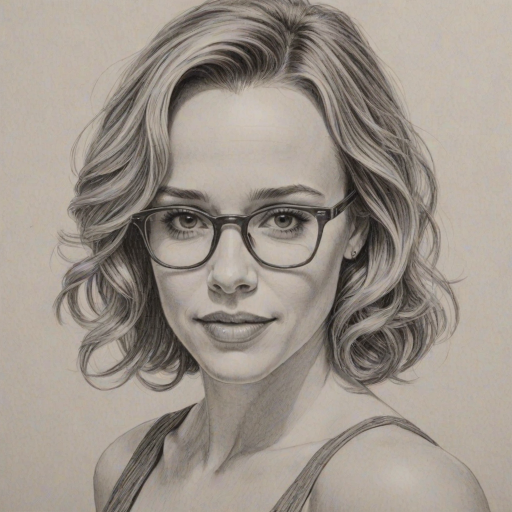 Pleasing Rachel McAdams, pencil sketch, portrait of Delightful woman 1958s in glasses, hair style beatnik, outline, clear lines, fine lines, 8k