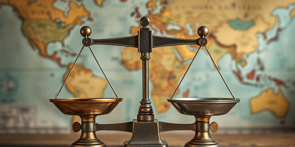 Create a high-resolution image of a vintage balance scale, with one side gold and the other silver, set against a blurred world map background, shot with a Canon EOS R5 at f/2.8, ISO 100, 50mm lens, and a shallow depth of field for enhanced focus on the scale.