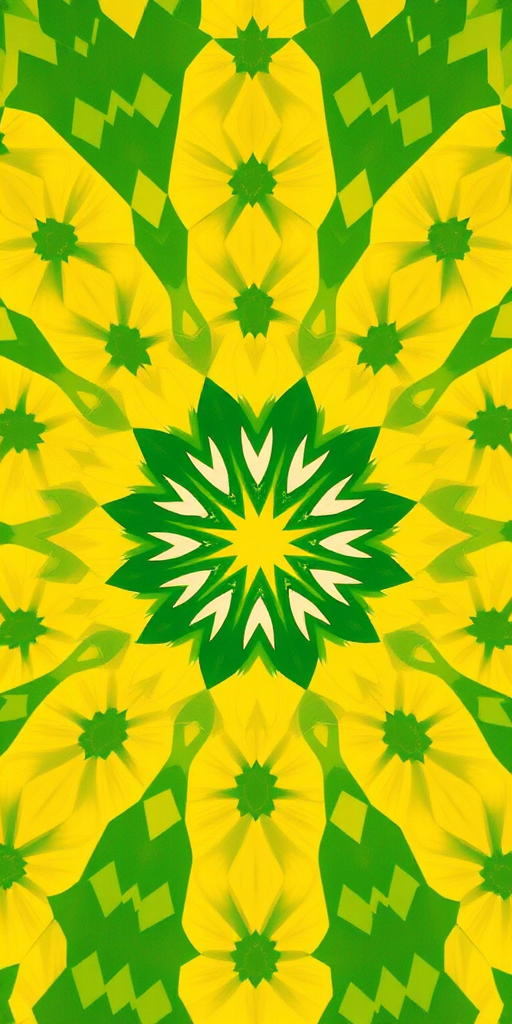 Create a vibrant geometric pattern with star-shaped motifs in shades of yellow and green, using a Canon EOS R5 with a 50mm lens, f/2.8 aperture, ISO 100, and an overhead view for a symmetrical design.