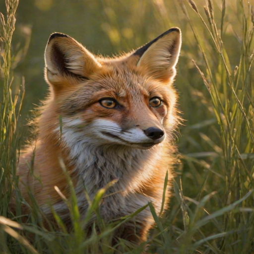 Sharp, high-resolution photo of a fox peeking through tall grass, soft light from the early morning sun illuminating its fur, distant forest in soft focus, and a sense of quiet curiosity.