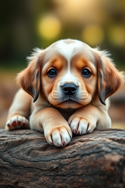 A close-up shot of a playful puppy resting its paws on a log, with a soft blurred background, natural lighting, aperture f/2.8, ISO 200, shutter speed 1/500 sec, taken with a DSLR camera in portrait style.