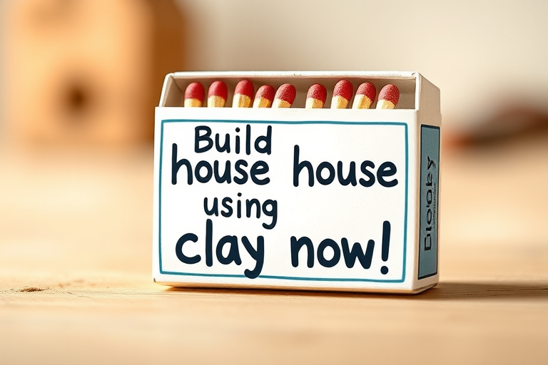 Create a detailed illustration of a matchbox featuring text that says "Build your house using clay now!" with a soft-focus background, using a DSLR camera, aperture at f/2.8 for depth of field, 50mm lens, natural lighting, and a slightly elevated angle.