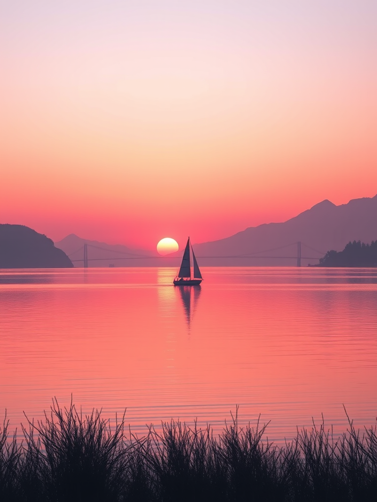 Create a minimalist digital artwork of a sunset landscape with a sailboat on a calm lake, using soft gradient colors like pink and purple, with mountains in the background and a bridge, shot with a Canon EOS R5, 35mm lens, f/8 aperture, ISO 100, in a panoramic view to enhance clarity and details.