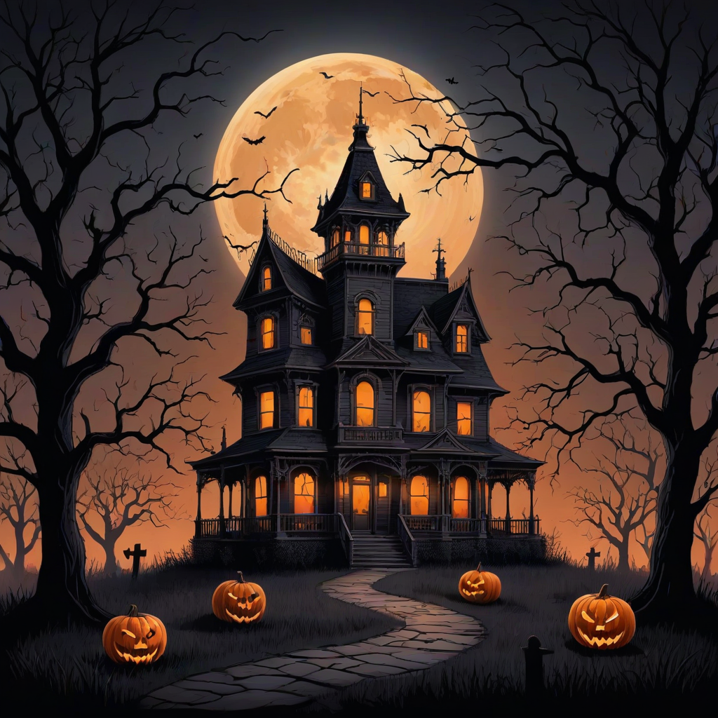 Create an illustration of a dark, Victorian-style haunted house set against a full moon. The house should be intricate, surrounded by twisted, barren trees, and evoke a spooky Halloween atmosphere. Above the house, include the word "Halloween" in a bold, orange gradient font. Use a ghostly, eerie style to bring the scene to life.