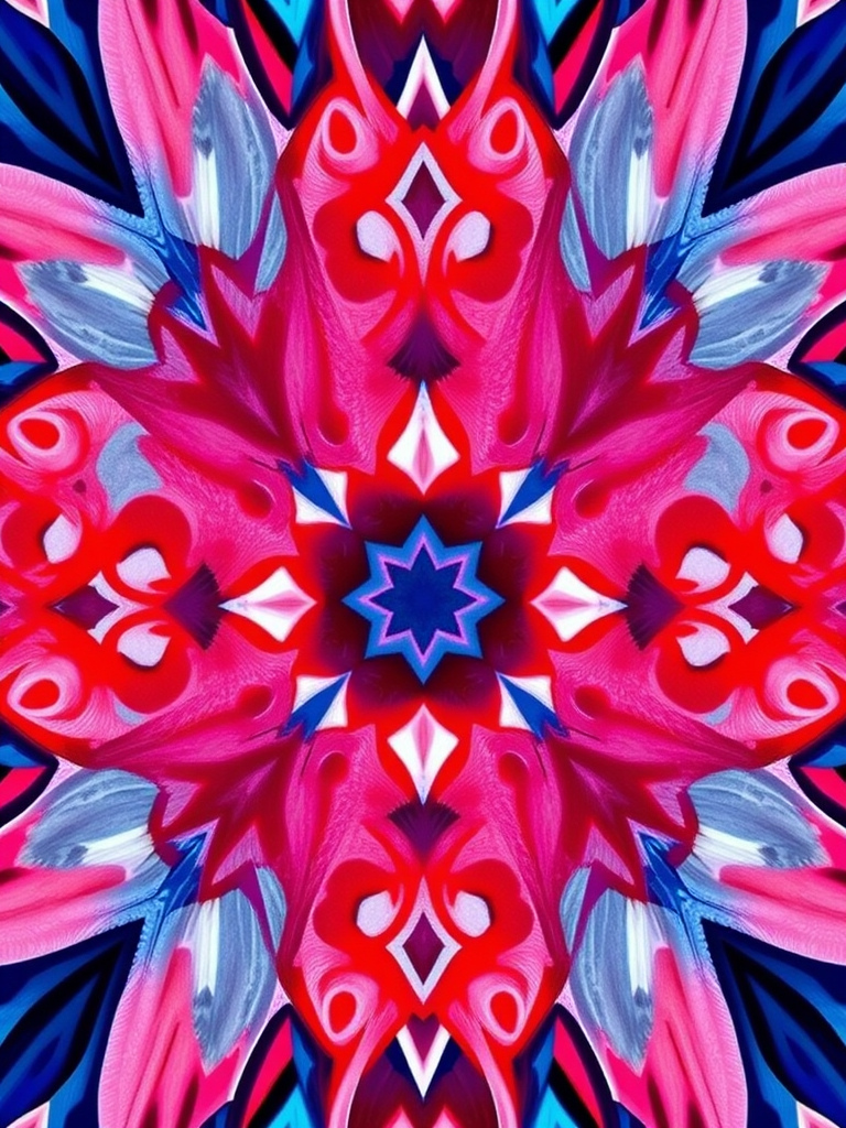 Create a high-resolution abstract pattern featuring alternating red, blue, and pink designs in a symmetrical arrangement, using a DSLR camera with a 50mm lens, f/2.8 aperture, ISO 100, and a 1/125 sec shutter speed for sharp detail and vibrant color contrast.