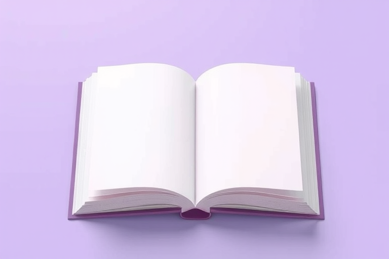 Create an open book illustration with a minimalist design and soft purple color scheme, use a DSLR camera with a 50mm lens, aperture set to f/2.8, ISO 100, shot from a top-down view to enhance clarity and sharpness, in a high-resolution style.