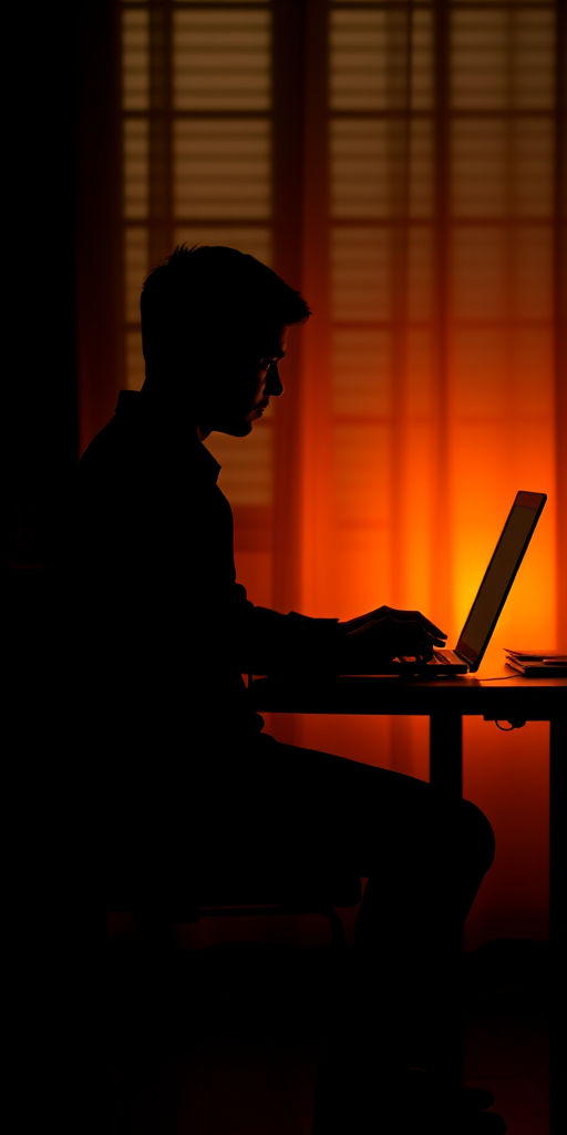 Create a high-contrast silhouette of a person sitting at a desk using a laptop, with a warm glow from the screen illuminating the face, taken with a DSLR camera at f/2.8 aperture, 50mm lens, ISO 100, with a shallow depth of field to enhance the focus on the figure.