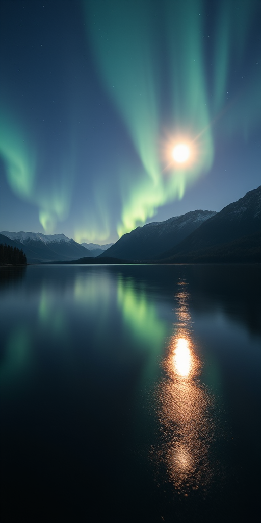 a serene night landscape featuring a full moon illuminating a calm lake with reflections, vibrant northern lights in the sky, mountains in the background, taken with a DSLR camera, 24mm lens, f/2.8 aperture, ISO 800, 15 seconds exposure, capturing rich details and vivid colors in low light conditions