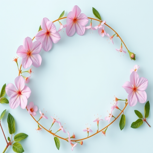 Create a circular floral border with delicate pink flowers and green leaves against a soft pastel blue background, using a Canon EOS 5D Mark IV, 50mm lens, f/2.8 aperture, ISO 100, shot in natural light for enhanced clarity and color vibrancy.
