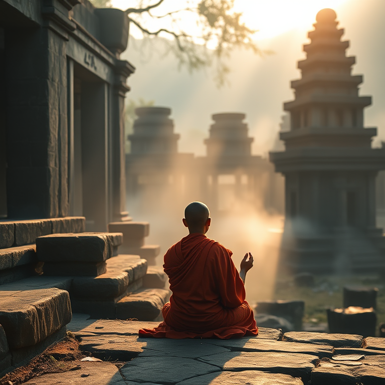 Generate an image of a serene monk meditating by ancient stone ruins, soft morning light filtering through mist, shallow depth of field, Canon EOS R5, 50mm f/1.2 lens, aperture f/2.8, ISO 100, capture in vivid colors.
