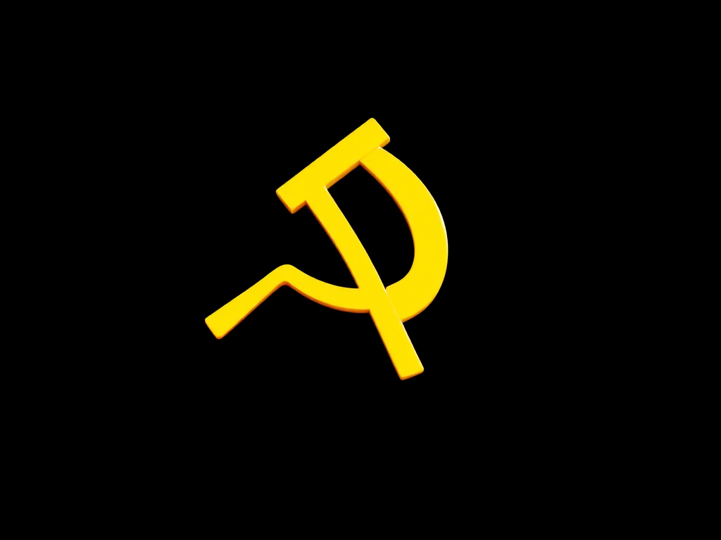 Create a high-resolution image of a yellow hammer and sickle symbol on a solid black background with sharp edges, using a DSLR camera with a 50mm lens, f/1.8 aperture, ISO 100, and a focus point on the emblem, captured from a frontal angle using natural lighting.