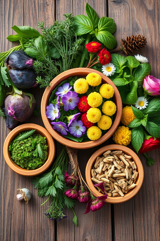 macro shot of various herbs and flowers arranged around wooden bowls on a rustic wooden surface, natural light, f/2.8 aperture, 50mm lens, ISO 100, shallow depth of field, top-down view, vibrant colors, enhanced details