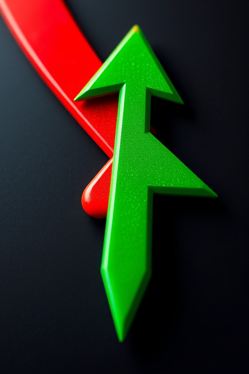 Generate an image of a stylized abstract design featuring a red arrow and a green arrow intertwined, emphasizing glossy textures and vibrant colors, captured with a DSLR camera at f/8 aperture, ISO 100, 50mm lens, in a macro view with soft focus background to enhance depth.