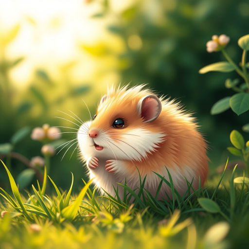 Create a highly detailed and adorable illustration of a cute, fluffy animal resembling a hamster, set in a lush green environment, with soft natural lighting, using a Canon EOS R5 camera at f/2.8 aperture, ISO 100, and a 50mm lens to achieve a shallow depth of field and a warm, golden hour glow.