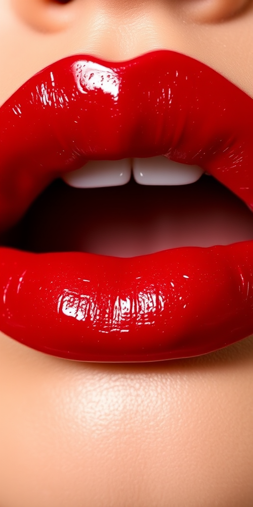 Vibrant "Cherry Bomb" lip color featuring a glossy finish, intense red hue with subtle shimmer, perfect for evening glamour and bold statements