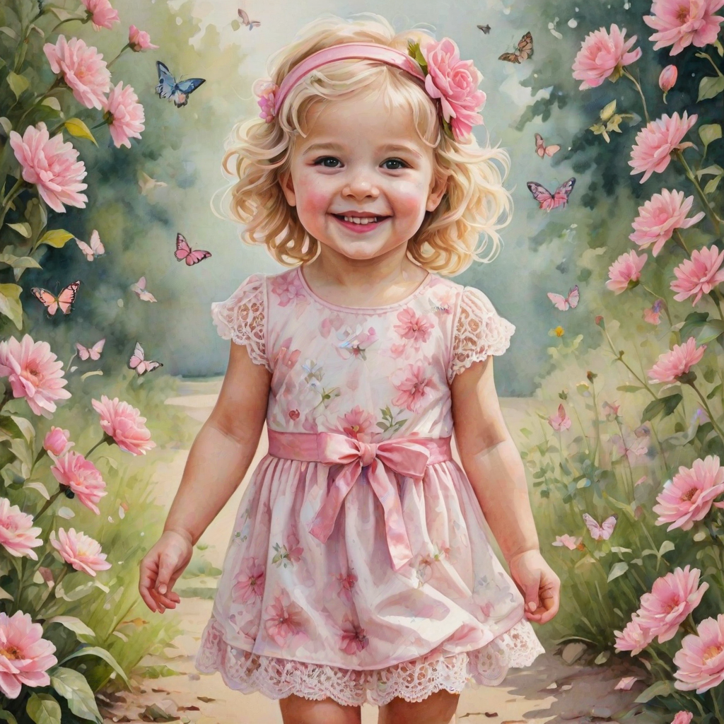 hyperrealism happy smiling toddler girl with messy wavy blonde hair with a headband, she is wearing a pink and white lace dress with pink and white shoes, she is holding a pink bouquet of flowers. Pink flowers and butterflies. summer background. Watercolor Highly detailed