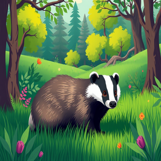 create a vibrant illustration of a badger in a lush green landscape with stylized trees and foliage, using a digital art style, with high saturation colors, captured as if taken with a DSLR camera at f/8 aperture, 1/250 sec shutter speed, ISO 100, and a shallow depth of field for enhanced image quality