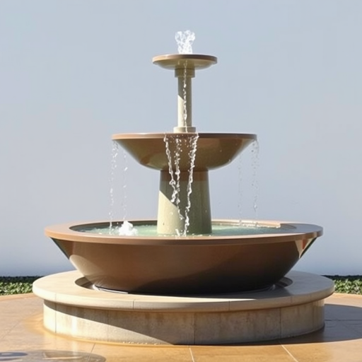 Capture a modern outdoor water fountain with three tiers, featuring clear flowing water, set against a minimalistic background, using a DSLR camera with a 50mm lens, f/2.8 aperture, 1/200 sec shutter speed, and ISO 100, in natural lighting for enhanced clarity and detail.