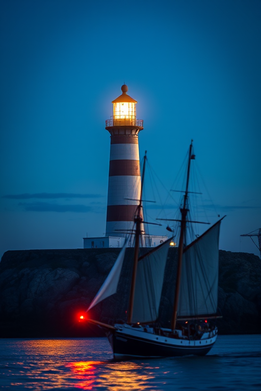 Create an image of a lighthouse illuminated at night with a sailing ship in the foreground, using a DSLR camera, f/8 aperture, ISO 100, 24mm lens, long exposure, and a soft focus style to enhance details and clarity.