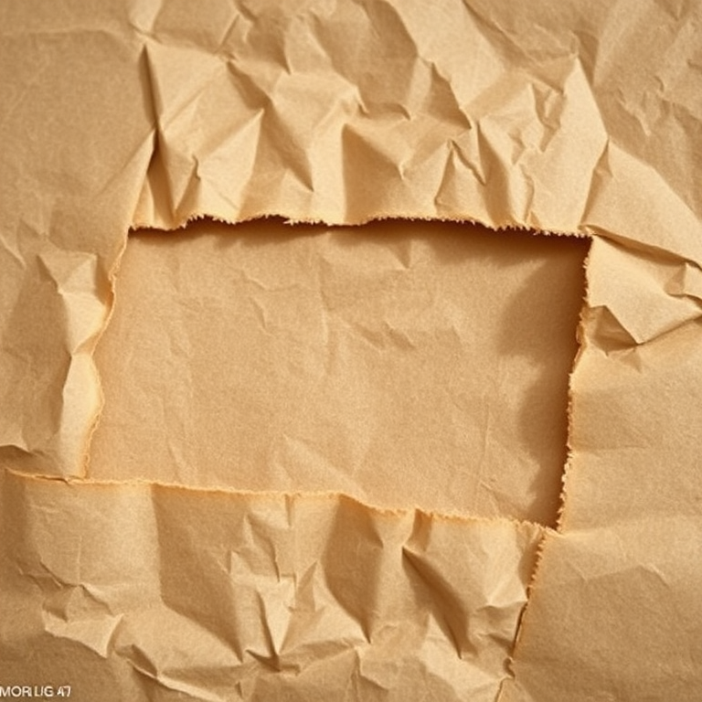 Create an image of a torn piece of crumpled brown paper with a blank center, captured with a DSLR camera at f/8 aperture, ISO 100, 50mm lens, in natural lighting, using a macro view to enhance texture details.