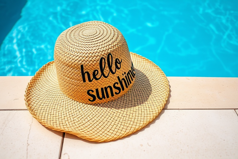 wide angle shot of a straw sun hat with the words "hello sunshine" on it resting on a light-colored stone surface beside a swimming pool, soft natural lighting, aperture f/2.8, shutter speed 1/200 sec, ISO 100, DSLR camera, vibrant colors, high resolution