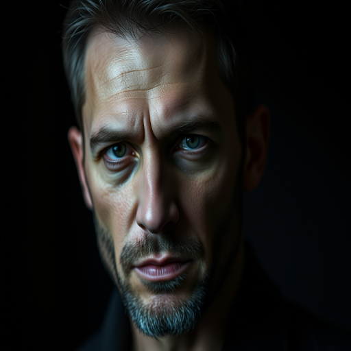 portrait of a man with an intense expression in a dark, moody setting, low-key lighting, sharp focus, 85mm lens, f/1.8 aperture, ISO 200, taken with a full-frame DSLR camera, using a shallow depth of field to isolate the subject from the background, enhancing the dramatic effect