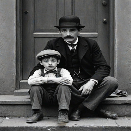 A black-and-white photograph of a man and a child sitting on steps in front of a doorway. The man is dressed as a tramp with a bowler hat, mustache, and ragged clothes, reminiscent of Charlie Chaplin's iconic look. He is sitting with his arms crossed and an expression of slight sadness or frustration. Next to him is a young boy, also in worn clothes and a cap, sitting with his hands clasped, looking thoughtful. The background is an old, textured wall and a partially open door, creating a vintage, early 20th-century atmosphere.