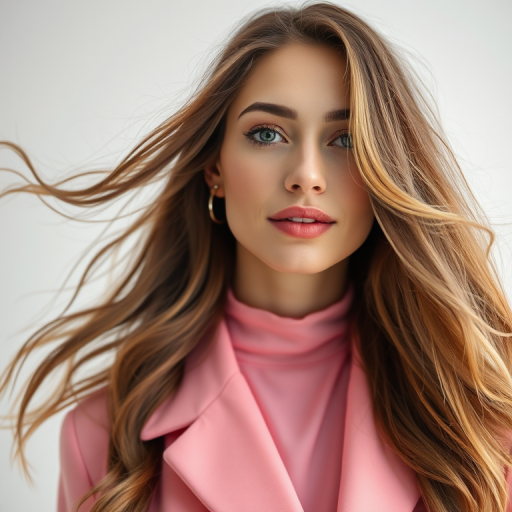 Create a high-resolution portrait of a fashionable woman with flowing hair, using soft lighting and a pastel color palette, shot with a Canon EOS R5 at f/1.8, ISO 100, 85mm lens, in a soft-focus style.