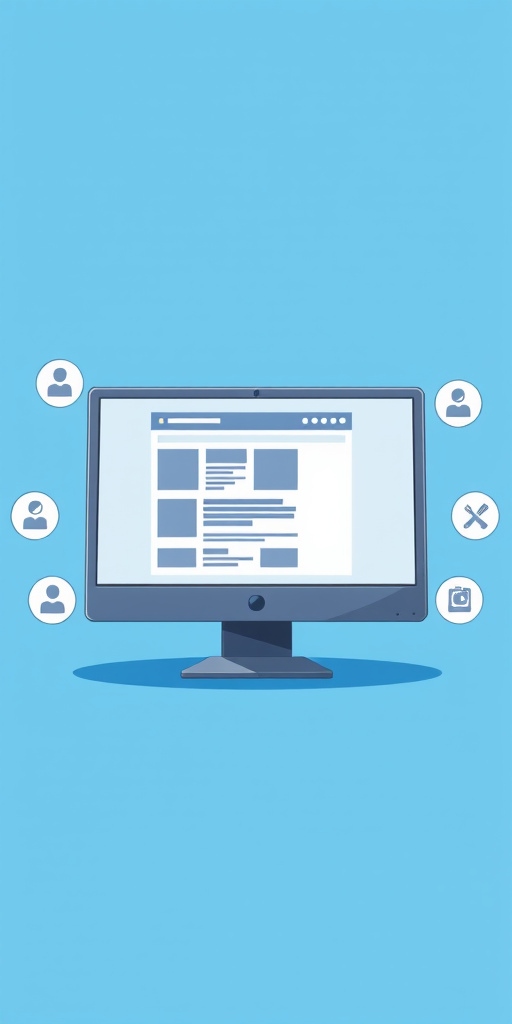create a high-resolution digital illustration of a desktop computer displaying a webpage on a blue background, include circular icons for chat, search, email, profile, photo, and settings around the computer, use a 50mm lens, aperture f/4, ISO 100, and a soft focus background to enhance depth of field, in a vibrant and clean vector art style.
