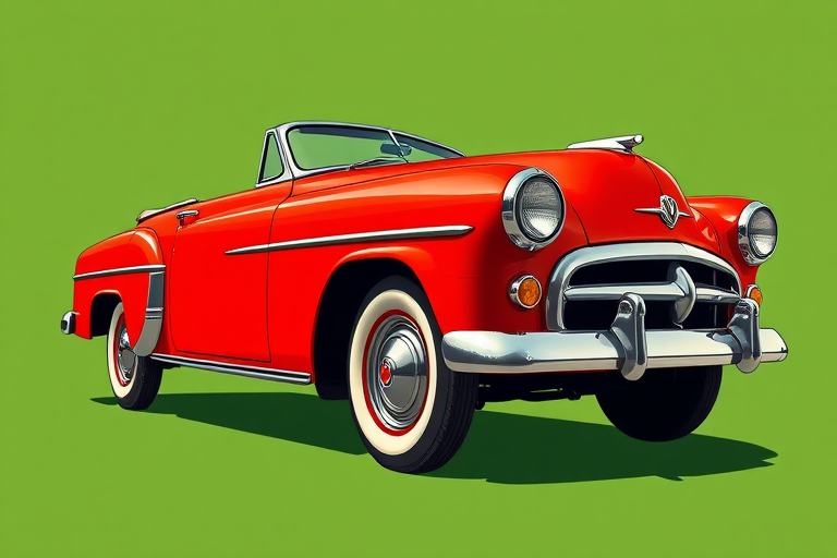 Create a detailed illustration of a vintage red car from a side view on a solid green background, using a DSLR camera with a 50mm lens, aperture set at f/2.8 for shallow depth of field, ISO 100 for clarity, and natural lighting to enhance colors and shadows.