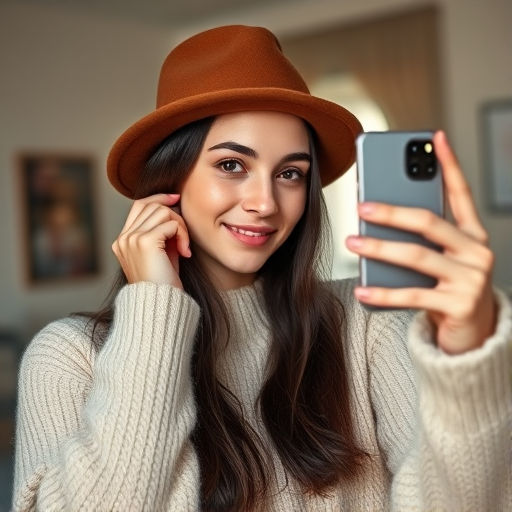 a young woman with long dark hair wearing a brown hat and a cozy cream sweater taking a photo with her phone indoors, captured with a Canon EOS R6, 50mm lens, aperture f/1.8, ISO 400, soft natural lighting, shallow depth of field, portrait orientation