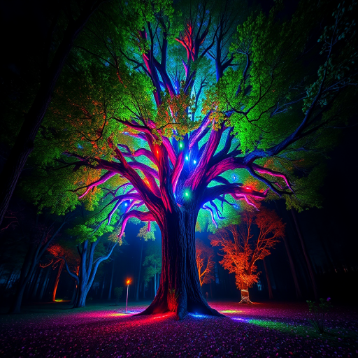Create a vibrant fantasy forest scene featuring a majestic tree illuminated by colorful, surreal lights, captured with a Canon EOS R5, 24mm f/1.4 lens, aperture f/2.8, ISO 100, shutter speed 1/60, in a symmetrical composition from a low angle to highlight the tree's grandeur and surrounding magical atmosphere.