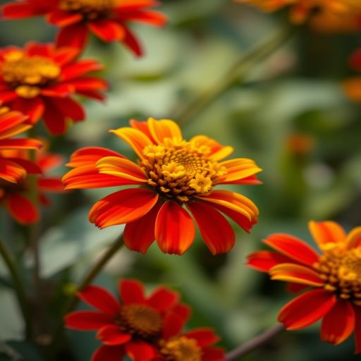 Capture a vibrant close-up of red and yellow flowers with a shallow depth of field, using a Canon EOS R5 with an 85mm f/1.2 lens, aperture set to f/1.8, ISO 100, and a shutter speed of 1/200s, in natural soft lighting for enhanced colors and details.