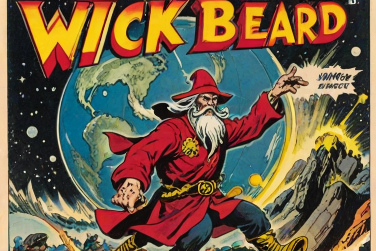 vintage comic book cover with the title "Wizard's Vintage Comics" in a large text covering the whole page. A large red sticker with white text reads "flux LEGACY edition". Featuring Wizard Whitebeard running away from an exploding planet earth. Large text in the bottom say "WE'RE BACK BABY!"