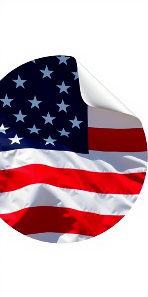 Create a high-resolution circular sticker design featuring the American flag with a slightly lifted corner, shot with a DSLR camera at f/8 aperture, 50mm lens, ISO 100, natural light, emphasizing vibrant colors and sharp details.