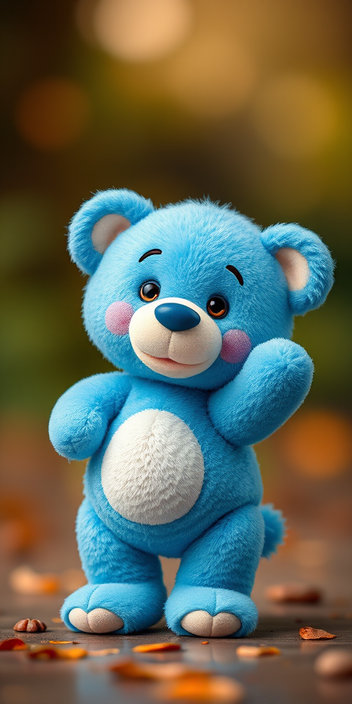 Create an image of a cute, cartoon-style blue teddy bear in a whimsical pose, shot with a DSLR camera at f/2.8, ISO 100, with a 50mm lens, in vibrant color with a soft bokeh background.