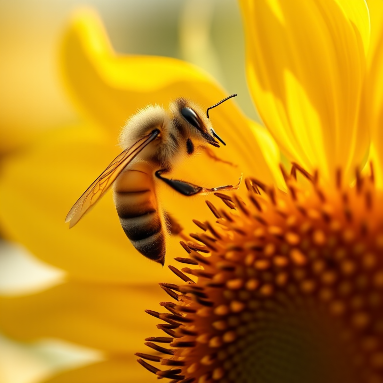 Softly lit, close-up shot of a honeybee collecting pollen from a vibrant sunflower, tiny pollen grains visible on its wings, with the golden petals illuminated by late afternoon sunlight.