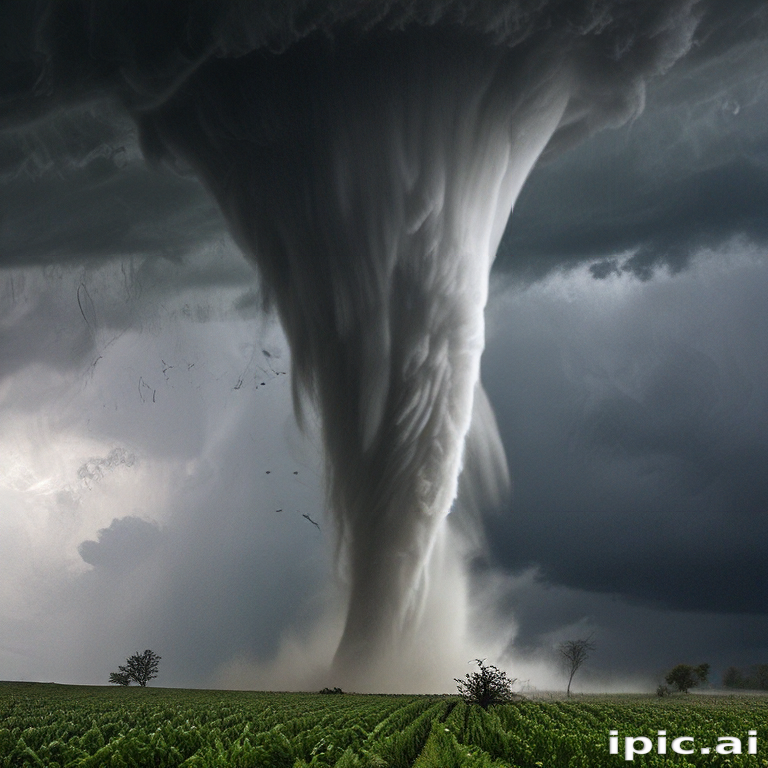 Powerful Tornado Touches Down in Rural Landscape Under Dark Stormy Skies