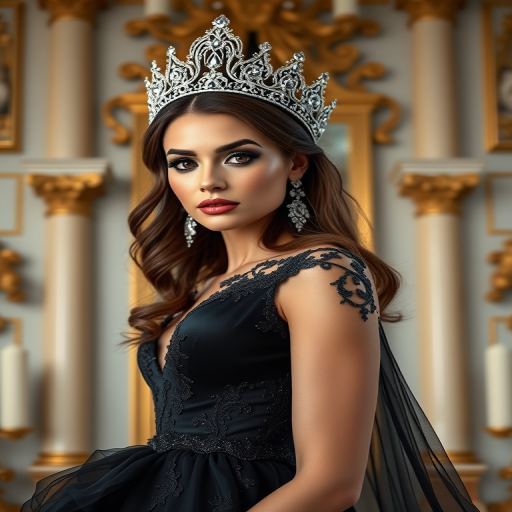 A gorgeous Caucasian woman in a luxurious black gown, accessorized with a dazzling tiara and statement earrings, her deep brown eyes highlighted by impeccable makeup, poised in a royal setting, photorealistic, 8K quality