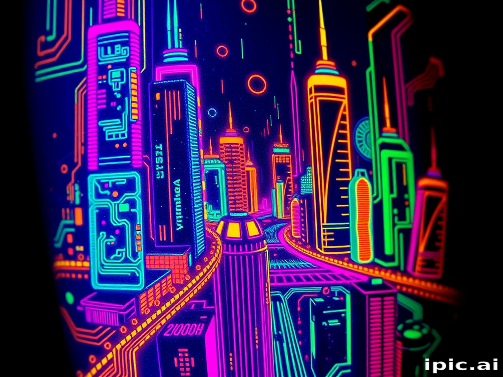 Cyberpunk neon tattoo depicting a futuristic cityscape with glowing circuit board patterns, rendered in vibrant fluorescent inks for a mesmerizing effect under blacklight