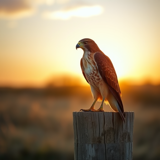 Capture a close-up of a perched hawk on a weathered wooden post during golden hour, using a DSLR camera with a 70-200mm lens at f/4, ISO 100, shutter speed 1/500 sec, in natural light, with a shallow depth of field to blur the background for enhanced focus on the subject.