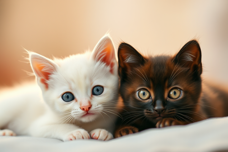 two cute kittens, one white with blue eyes and one dark brown with big eyes, lounging together with a soft focus background, golden hour lighting, captured with a Canon EOS R5 at f/1.8, ISO 100, 50mm lens, natural light, shallow depth of field