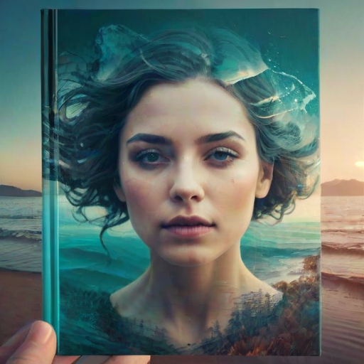 create Book cover, A surreal double exposure portrait that blends a woman's face with a beautiful seascape. The overall mood is dreamy and mystical, with rich colors and intricate details