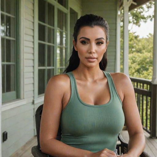 A photo of Kim Kardashian with a background of a cozy porch. She has dark hair pulled back in an updo, with tendrils framing her face. She wears a Jade tank top and sits on the porch. The porch is part of a well-lit house