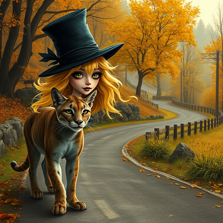 digital art fantasy depicting a strange girl with Yellow hair, long eyelashes, black lipstick and a tall hat walking along a winding road on an autumn afternoon, an Puma smiles as she passes