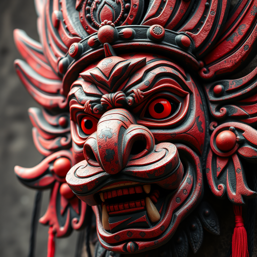 Create a high-resolution illustration of a traditional Balinese Barong mask featuring intricate details and bold red colors, captured with a DSLR camera at f/8 aperture, ISO 100, 50mm lens, in a close-up view with soft natural lighting to enhance texture and depth.